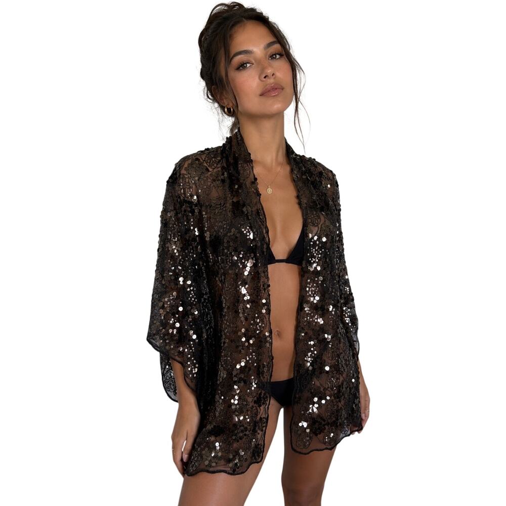 Joanna Rivers Black Sequin Shawl Wrap Ibiza Dark Fairy Whimsigoth Glam Party NWT